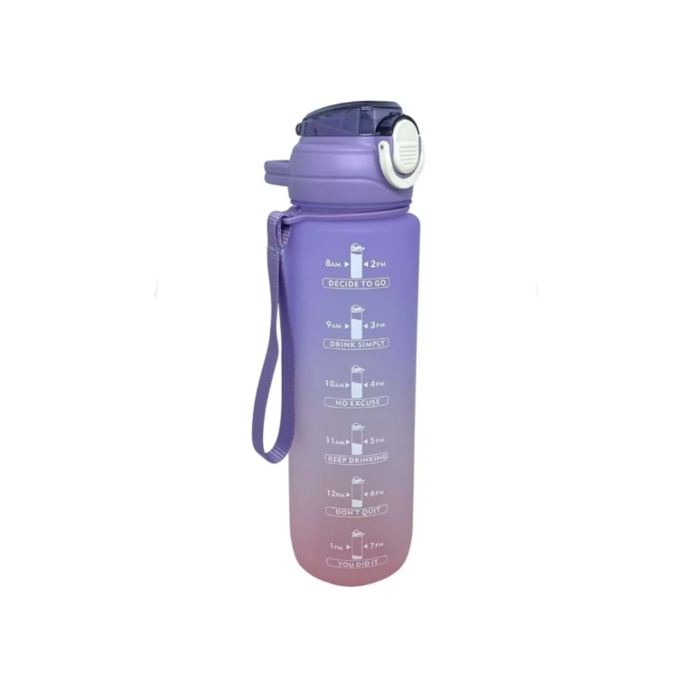 1 L 1000ml Pipetli Tritan Çift Renkli Motivasyon Matarası Mor Plastik