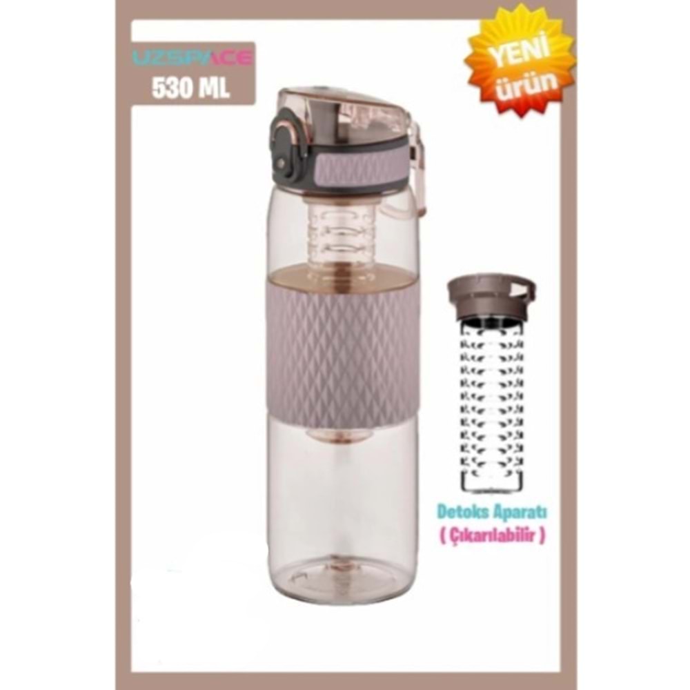 Uzspace 530ml Detoks Aparatlı Silikon Gövde Tritan Su Matarası Oak Grey