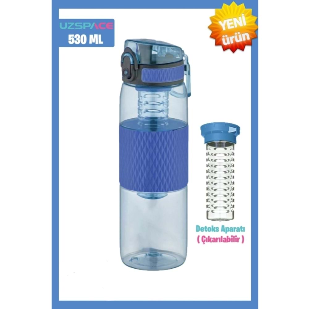 Uzspace 530ML Detoks Aparatlı Silikon Gövde Tritan Su Matarası Clitoria Blue