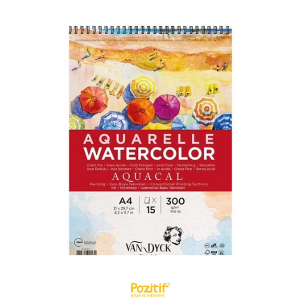 Van Dyck Aquacal İnce Dokulu Coldpress A4 Üstten Spiralli 15 Yaprak Suluboya Blok