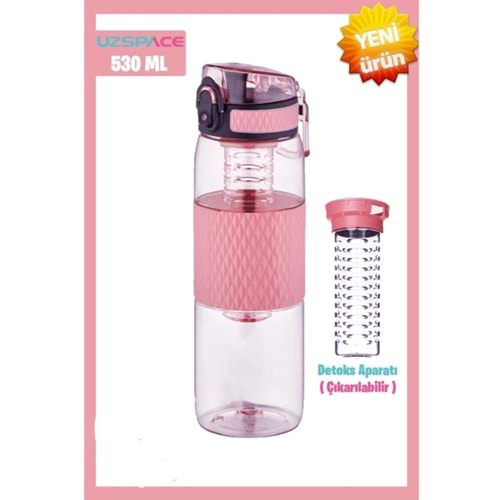 Uzspace 530ML Detoks Aparatlı Silikon Gövde Tritan Su Matarası Glow Pink